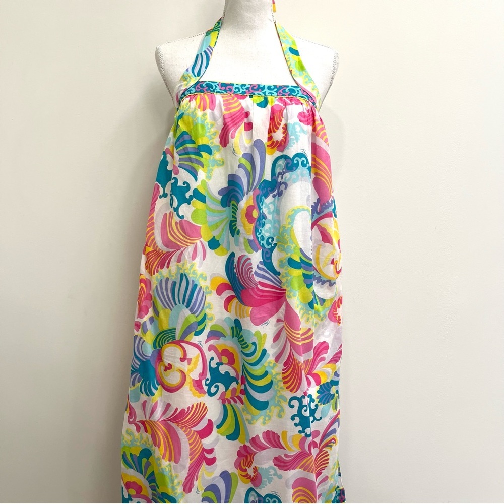 Trina Turk Colorful Blue Pink Halter Maxi Dress Cotton Summer Size Small
